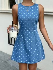Siren Gaze Women's Polka Dot Pattern Round Neck Casual Sleeveless Denim Dress Vacation Casual Business Elegant Festival Party Going Out Graduation Polka Dot - Blue - View 2