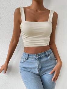 Allurite Women's Solid Color Pleated Crop Fitted Camisole For Summer - Beige - View 5
