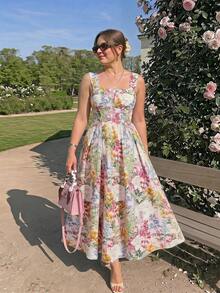SHEIN MOD Váy hai dây cỡ lớn in hoa, thích hợp mặc đi nghỉ mát. - Nhiều màu - Xem 2