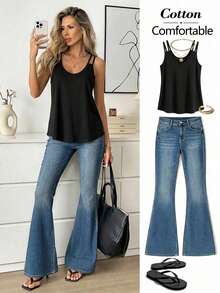 Easowa Women's Solid Color Spaghetti Strap U-Neck Sleeveless Loose Summer Tank Top Cotton Material Is Comfortable Everyday Black Casual Holiday Vacation - Black - View 3
