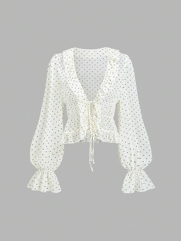 Sweetra New Chiffon Polka Dot V-Neck Ruffle Long Sleeve Blouse, Designed With Style, Sweet And Fashionable, Suitable For Outings And Daily Wear