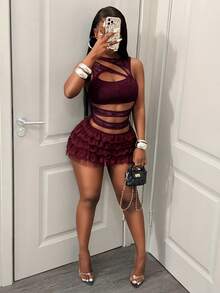 BamGleam Summer Sexy Hollow Out Lace Tank Top Club Night Burgundy - Burgundy - View 4