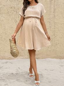 SHEIN Boat Neck Solid Color Waist Bowknot Decor Maternity Dress - Apricot - View 6