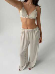 Livesso Solid Color Spaghetti Strap Adjustable Bra Loose Straight Leg Long Pajama Pants Lace Patchwork 2pcs Set Summer Wear Women's Pajama Set - Beige - View 3