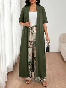 SHEIN Lady 女款素色短袖浴袍與花卉印花長褲休閒兩件套 - 彩色 - 查看 3