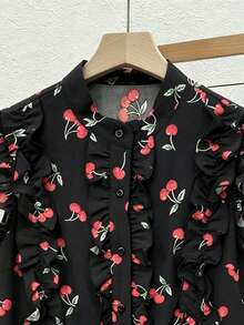 SHEIN Franclia 女款櫻桃印花休閒百搭日常外出上衣 - 黑色 - 查看 4