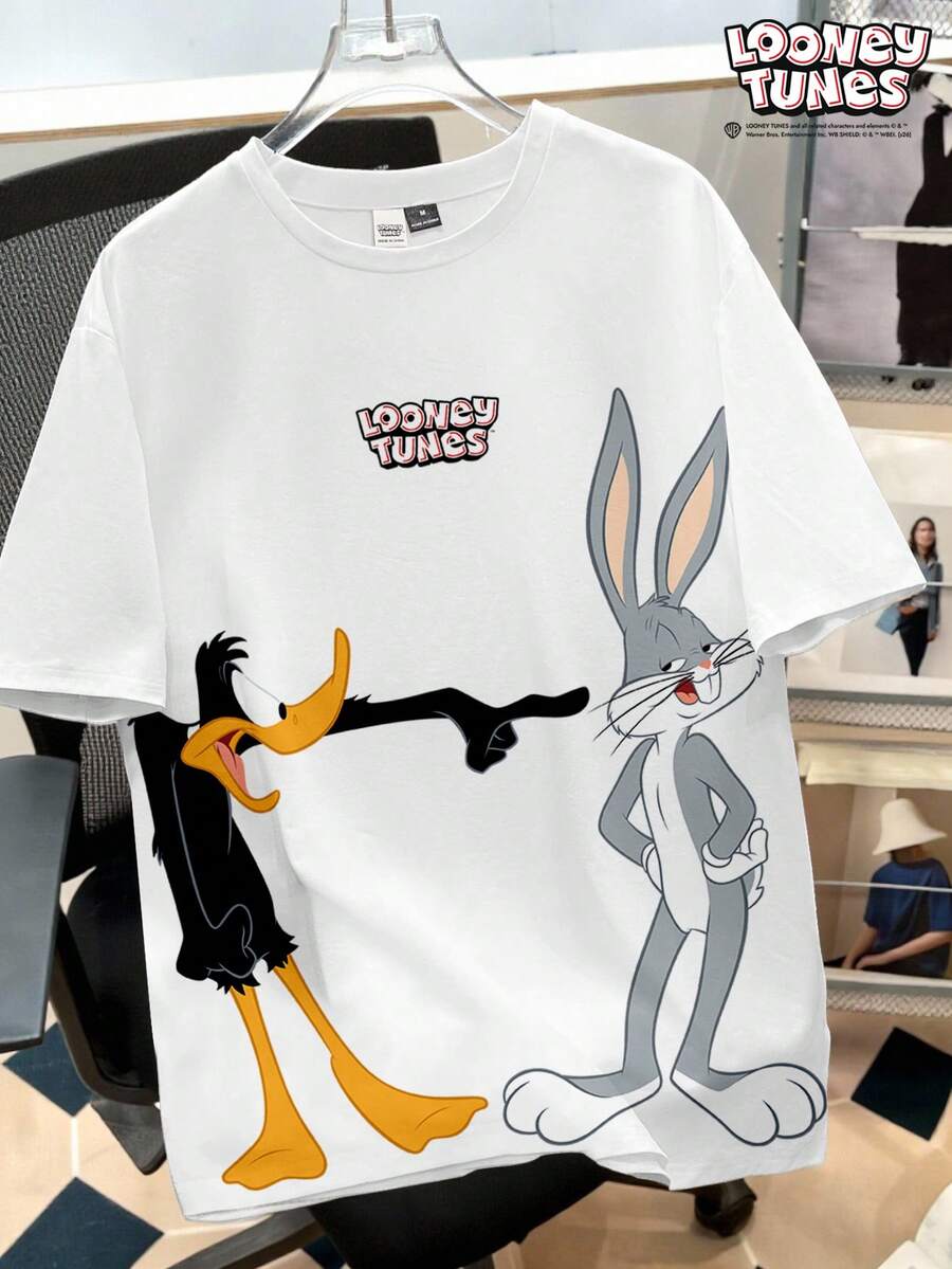 Looney Tunes X Manfinity Manfinity Joysei 大码男士休闲可爱卡通动物印花短袖T恤,夏季 - 白色 - 查看 1