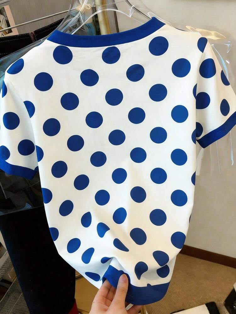 Resyla LOONEY TUNES X SHEIN Women's New Summer Round Neck Vintage Blue Polka Dot Print Cartoon Short Sleeve T-Shirt, Playful Street Style, Suitable For Vacation, Casual And Entertainment Wear - Blue - View 2