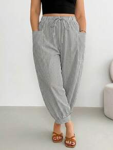 Shapeblank Pantalones largos a rayas con cordones para mujer talla grande - Multicolor - Ver 6