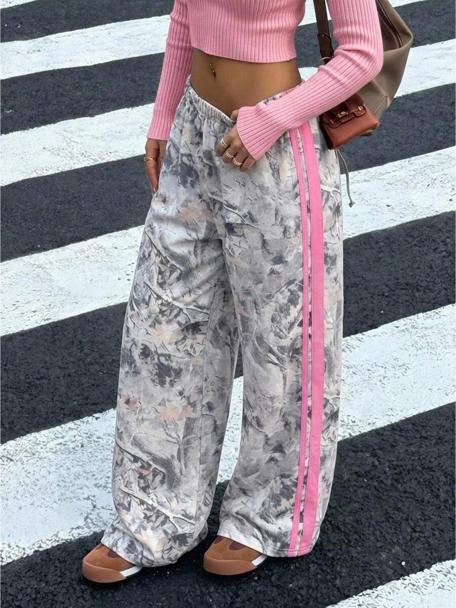 青少年女孩青少年女孩針織灰色乾葉印花圖案拼接粉色織帶運動長褲秋季服飾