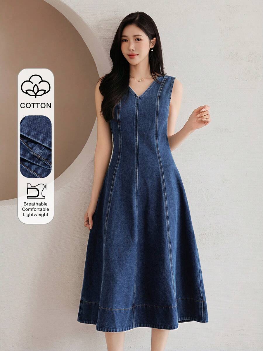 DAZY Women's Slim Fit V-Neck Long Denim Dress, Spring & Summer - Blue - View 1