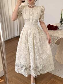 DAZY Elegant Romantic Lace Waist Dress, Suitable For Spring/Summer Holidays Sundress Tea Party Beige - Beige - View 2