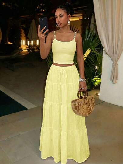 Slaydiva Pale Yellow Summer Boho Beach Beach Vacation Holiday Women's Two Pieces Set,Beaded Camisole And Long Skirt,Elegant Party Date Yacht Travel Vacation