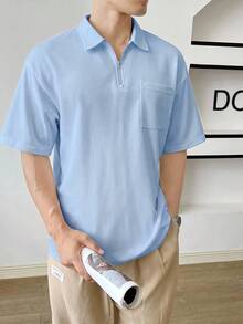 SWAVVY 男士寬鬆落肩四分之一拉鍊口袋貼布 Polo 衫 - 淺藍色 - 查看 2
