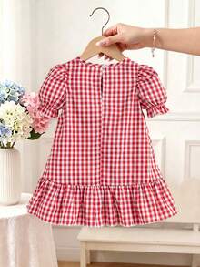 Girls' Blue And White Striped Summer Dress, Playful Puff Sleeve Design, Floral Round Neck, Ruffle Hem, Suitable For Banquets, Parties And Other Formal Occasions. - Red and White - View 2