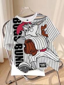 LOONEY TUNES X SHEIN Men's All-Over Print Rabbit Stripe Cartoon T-Shirt - White - View 1