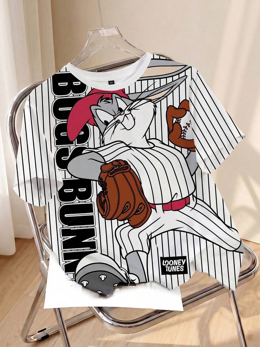 LOONEY TUNES X SHEIN Men's All-Over Print Rabbit Stripe Cartoon T-Shirt - White - View 1