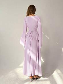 Aloruh Women's Elegant Off-Shoulder Flared Sleeve Ruffle Ruched-Back A-Line Lilac Extra Long Dress - Lilac Purple - View 5