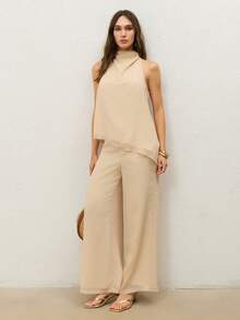 CielaLinda Women's Cowl Neck Chiffon Halter Top Asymmetric Hem Pants Set Brunch Office Tea Party Beige Summer Elegant French - Apricot - View 4