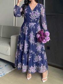 Modelyn 大尺碼女款花卉印花長袖優雅洋裝 - 藍色 - 查看 4