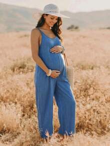 Boho Mama Maternity Vacation Solid Color Pocket Wide Leg Casual Spaghetti Strap Jumpsuit  Going Out BOHO - Blue - View 8