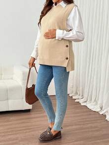 SHEIN Maternity Casual 1960s Decent Comfortable Versatile Textured Button Round Neck Knit Vest Autumn Outfit For Women Formal Office Work Black - Khaki - View 8