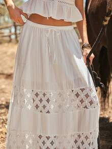 WESTFADE Drawstring Waist Tiered Ruffle Embroidered 100% Cotton & Crochet Lace A Line Skirt, Country Style For Women, Fall, Autumn, Casual, Back To School - White - View 4