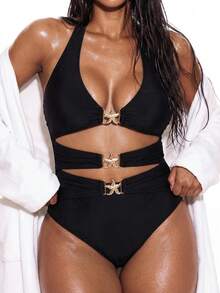 Oceva 2026 Summer New Beach Vacation Starfish Accessory Black One-Piece Sexy Plus Size Swimsuit - Black - View 5