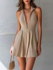 SHEIN Women's Fashion Solid Color Lapel Sleeveless Knit Dress - Apricot - View 3