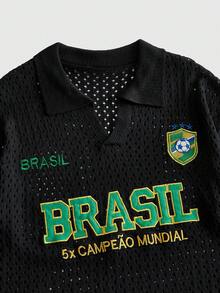 ROMWE MEN Men's World Cup Brazil Team Embroidered Pattern Striped Jacquard Knit Polo Shirt - Black - View 2