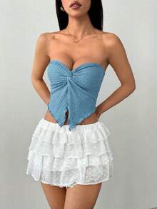 SHEIN PETITE 女款鵝黃色針織紋理抹胸上衣，前中打結開衩波浪邊修身上衣，適合下午茶、街頭、度假、秋冬穿著，可內搭或外穿，派對適用，小碼女款 - 霧霾藍 - 查看 6