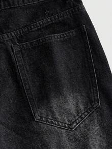 ROMWE MEN Street Life Washed Loose Casual Straight Leg Versatile Rhinestone Denim Shorts For Men - Black - View 5