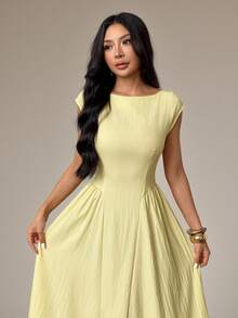 SHEIN PETITE Women's Elegant Casual Fashion New Style Vacation Cap Sleeve Waist-Defining A-Line Umbrella Midi Dress In Yellow ,Petite Women - Light Yellow - View 6