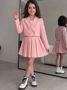 SHEIN Tween Girl Tween Girl Tween Girl Back To School Outfit, Fitted Pink Patchwork Long Sleeve Collared Vintage Preppy Exquisite Jacket Set, Casual Preppy Style - Pink - View 11