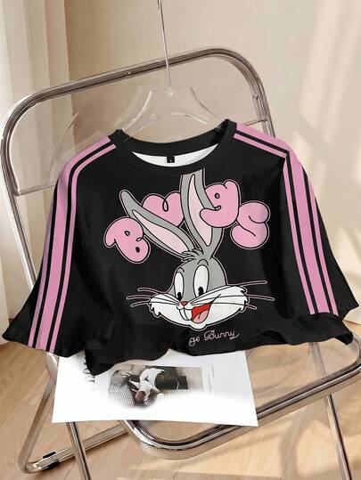 LOONEY TUNES X SHEIN Camiseta corta casual de manga corta y cuello redondo para mujer