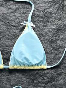 Swim Mod 女款 26SS 春夏新款純色黑白對比 V 領露背三角側綁比基尼泳褲 嘻哈內褲 蝴蝶結裝飾 3 件組比基尼泳衣套裝 適合海灘度假 - 黃色 - 查看 7