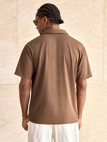 ESTAVOR Men's Casual Loose Polo Shirt, Half-Zip, Solid Brown, Standard Size, Summer - Brown - View 2