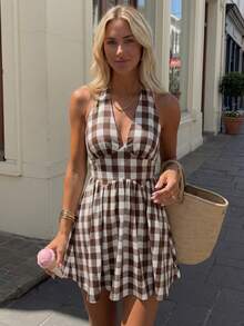 SuriyaCove Women's Plaid Deep V-Neck Waist-Cinching Halter Neck Vacation Dress - Coffee Brown - View 6