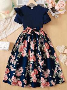 Tween Girls Dresses Spring Summer New Royal Blue Solid Color Round Neck Short Sleeve Ruffle Patchwork Floral Print Hem Tie Midi Dress, Suitable For Spring Summer Vacation, Sun Flare Dress, Girls Dress - Royal Blue - View 3