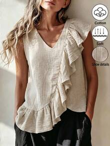 Zayélia Blusa casual versátil y elegante de uso diario, holgada, con cuello en V, gran volantes en el borde, sin mangas, para mujer, primavera-verano - Albaricoque - Ver 1