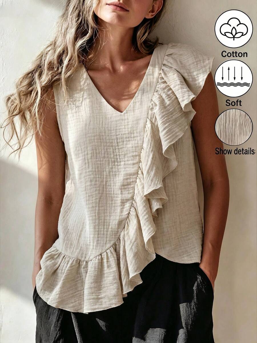 Zayélia Blusa casual versátil y elegante de uso diario, holgada, con cuello en V, gran volantes en el borde, sin mangas, para mujer, primavera-verano - Albaricoque - Ver 1