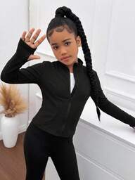SHEIN Tween Mädchen lockere lässige minimalistische bequeme tägliche Streetwear Kapuzen-Jacke mit figurbetonter Passform, kurz, langärmelig, Sport, Herbst, Schwarz, Schulanfang Outfit