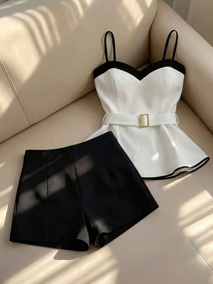 SHEIN Franclia 2pcs Women's Spaghetti Strap Top And Pants Set,Elegant Black And White Contrast Color,Buckle Decoration,Waist Belt Design,Summer Party New Arrival - Black and White - View 1