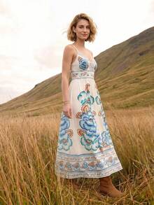CAJUNI Women's Elegant Tropical Boho Floral Print Strap Dress For Vacation Picnic White And Blue Floral Summer - Multicolor - View 6