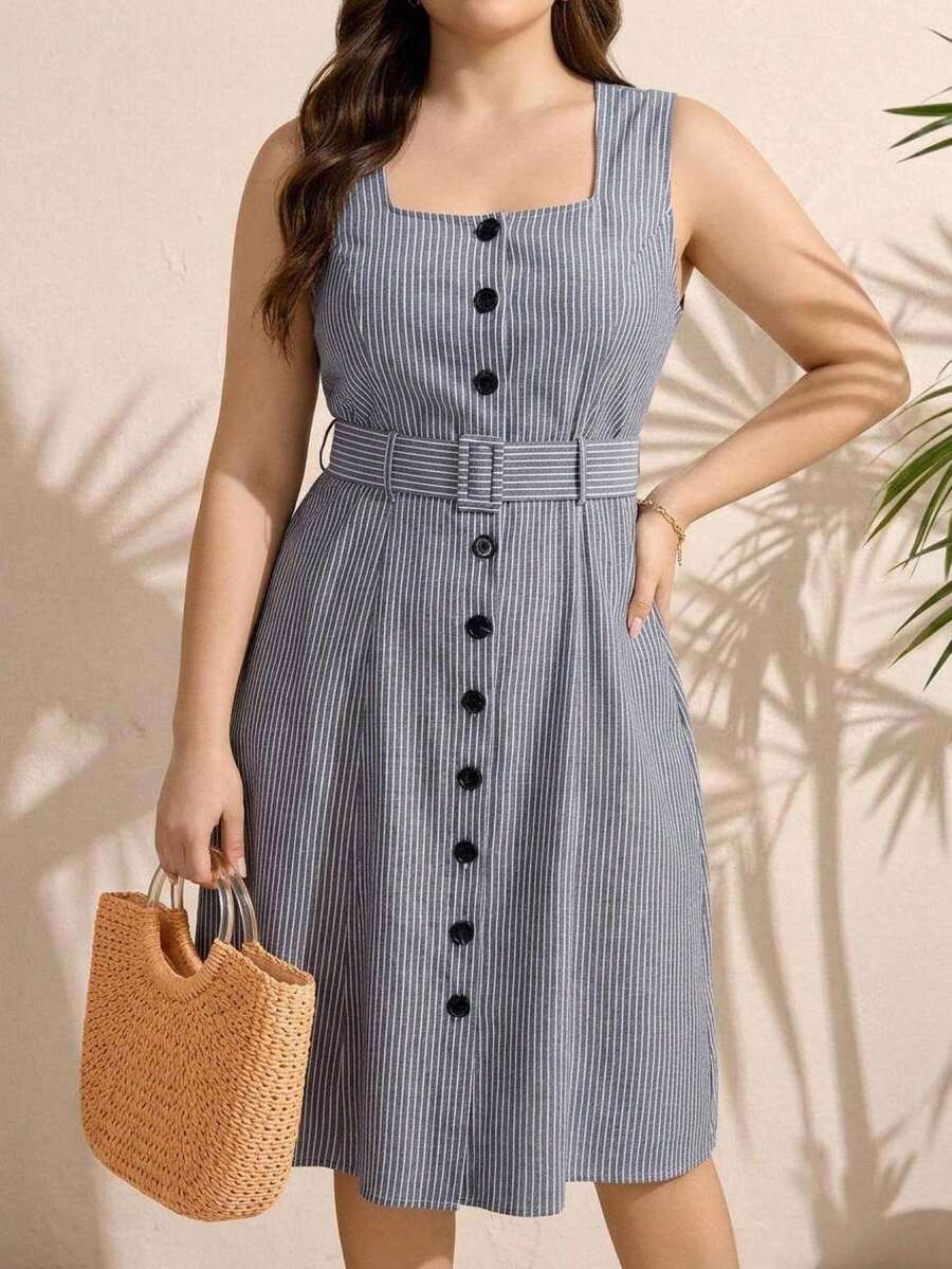 Comfylo Plus Size Women Striped Square Neck Single-Breasted Sleeveless Midi Dress Valentine's Day Vacation Outfits Button - Navy Blue - View 1