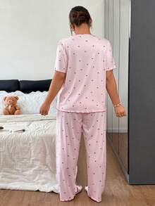 Napfluff CURVE Napfluff CURVE Conjunto de pijama acanalado para mujer talla grande con estampado romántico de corazones - Rosa - Ver 4