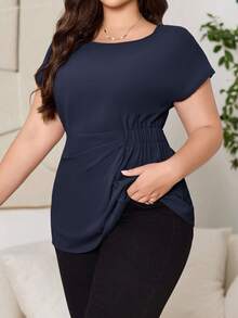 Reflora Blus Kasual Wanita Ukuran Besar Warna Polos Leher Bulat Lengan Pendek Berlipit - Navy Blue - View 5