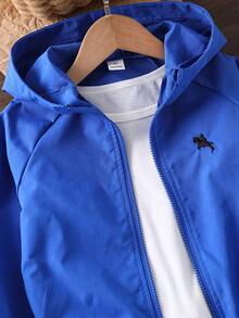 SHEIN Genkimix Kids 1件小男孩休閒極簡街頭連帽長袖外套，時尚休閒設計，適合夏季穿著，適合4-7歲男孩日常穿著，適合運動、外出、校園及返校季節 - 藍色 - 查看 5