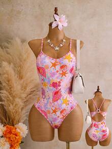 SHEIN Swim Women's Ocean Starfish Fresh High Saturation Dopamine Summer Energetic Print One-Piece Swimsuit Sports Surfing Suit Slimming Backless Vacation Pink - Pink - View 4