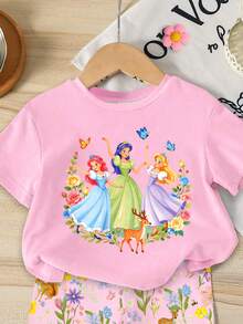 1 Conjunto de camiseta de manga corta con cuello redondo y estampado de princesa de dibujos animados rosa lindo, dulce y elegante, y pantalones cortos con estampado de ciervo y flores para niñas bebé, conjunto de estampado de cuento de hadas soñador adecuado para primavera, verano, otoño, casual, vacaciones, salidas - Multicolor - Ver 3